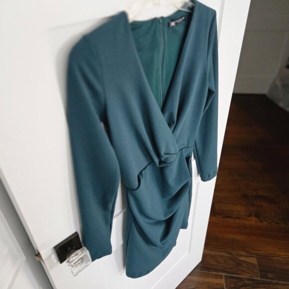 Zara Dark Green V-Neck Faux-Wrap Dress Size XS - Picture 9 of 14
